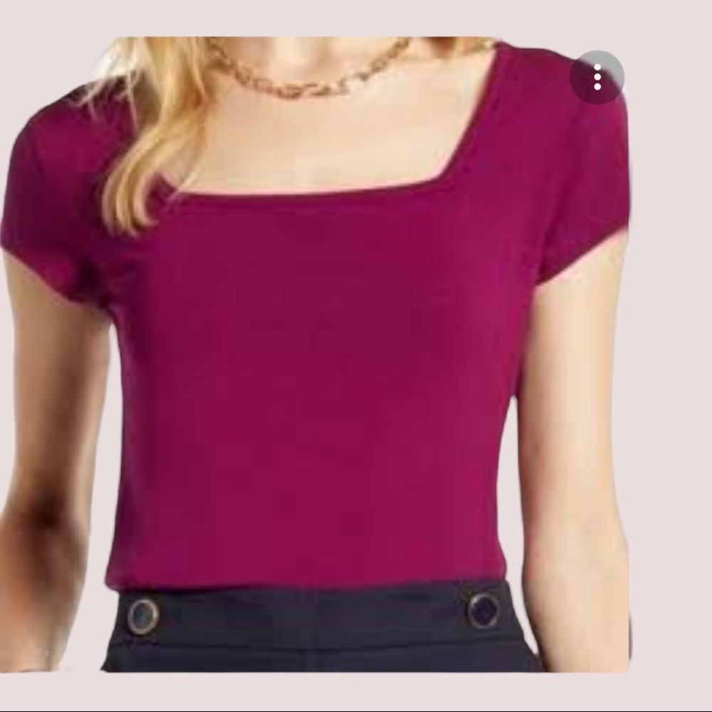 HALOGEN Square Neck Short Sleeve Stretch Tee SMALL Plum Pink